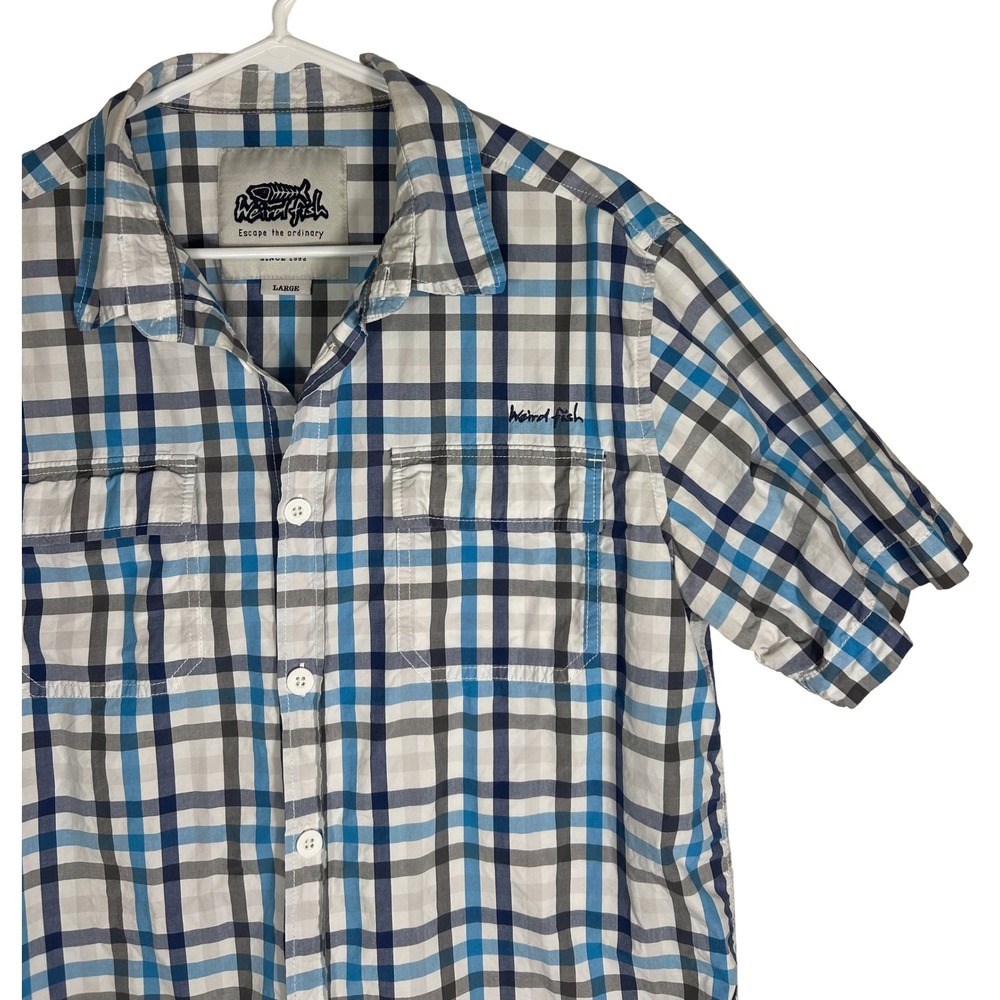 Weird Fish Mens Large Blue Plaid Short Sleeve Button Down Cotton Shirt 14SM071B